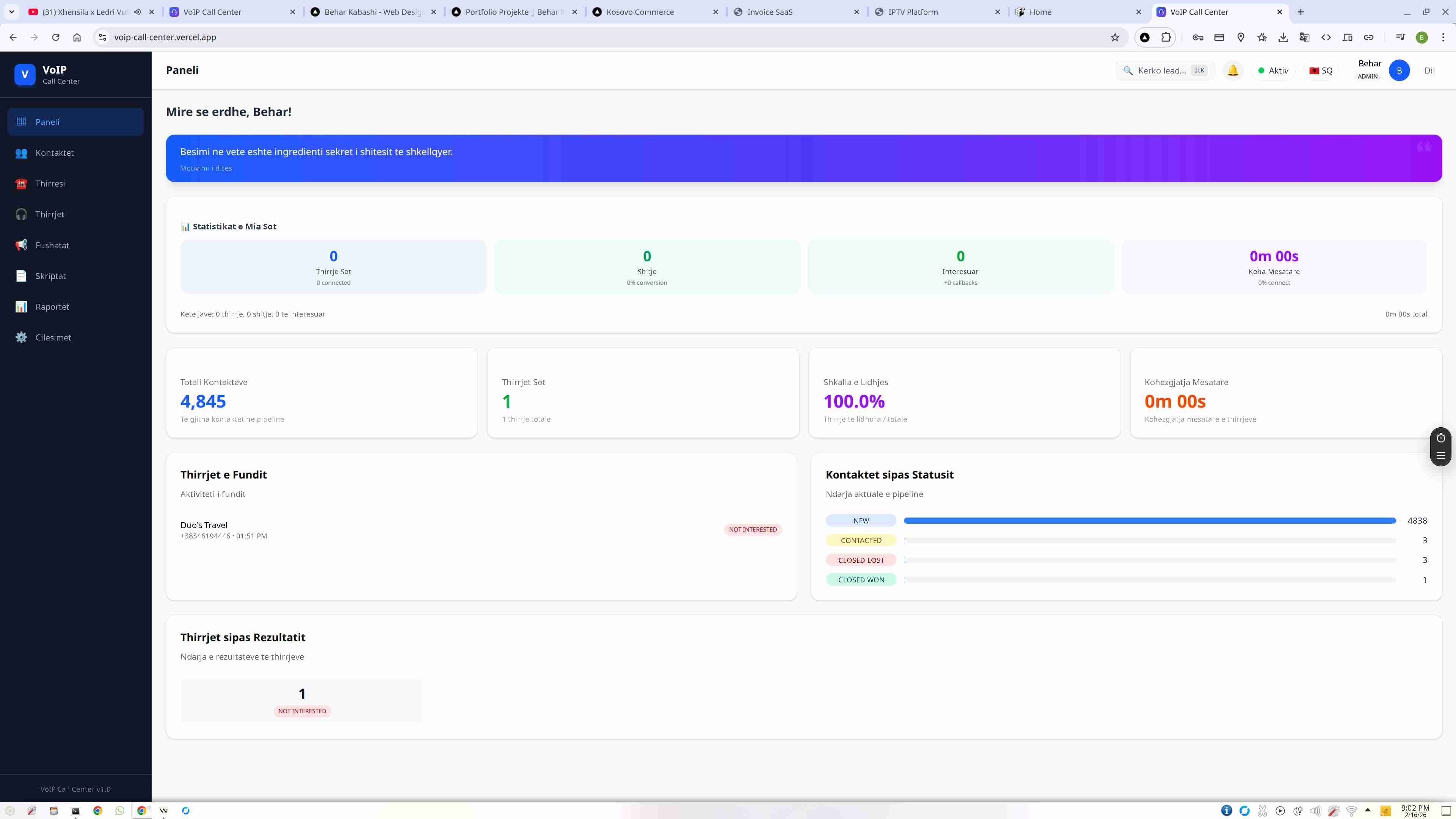 Platformë VOIP Call Center - Platformë komunikimi me VOIP për menaxhim thirrjesh, agjentësh dhe monitorim të performancës në kohë reale.